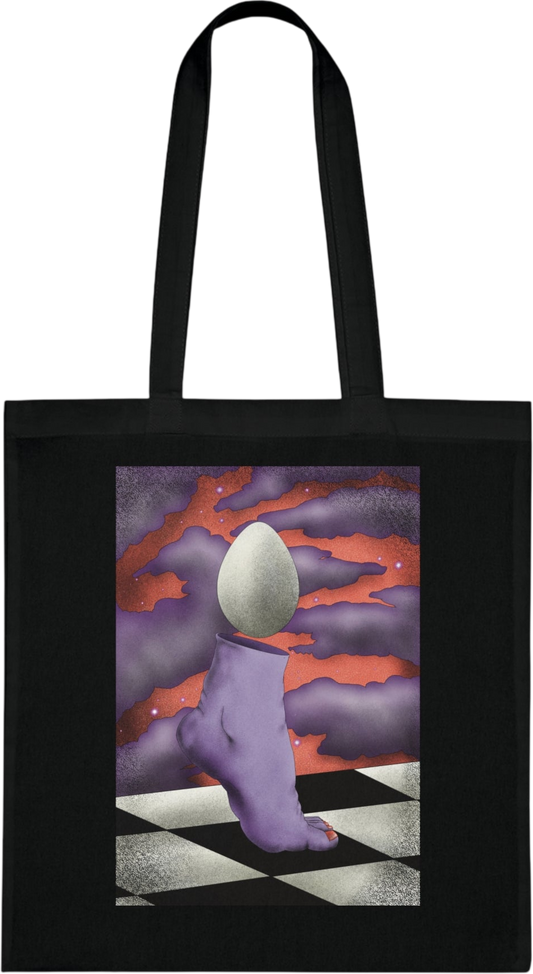 Canvas tote bag featuring bold abstract and surreal artwork in a modern artistic style