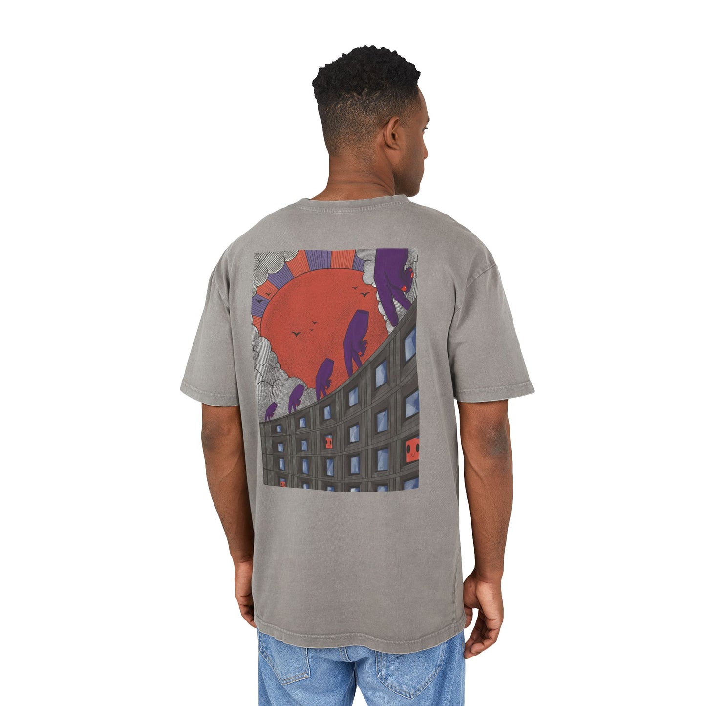 Oversized T-shirt with handcrafted surrealist graphic print on cotton fabric.